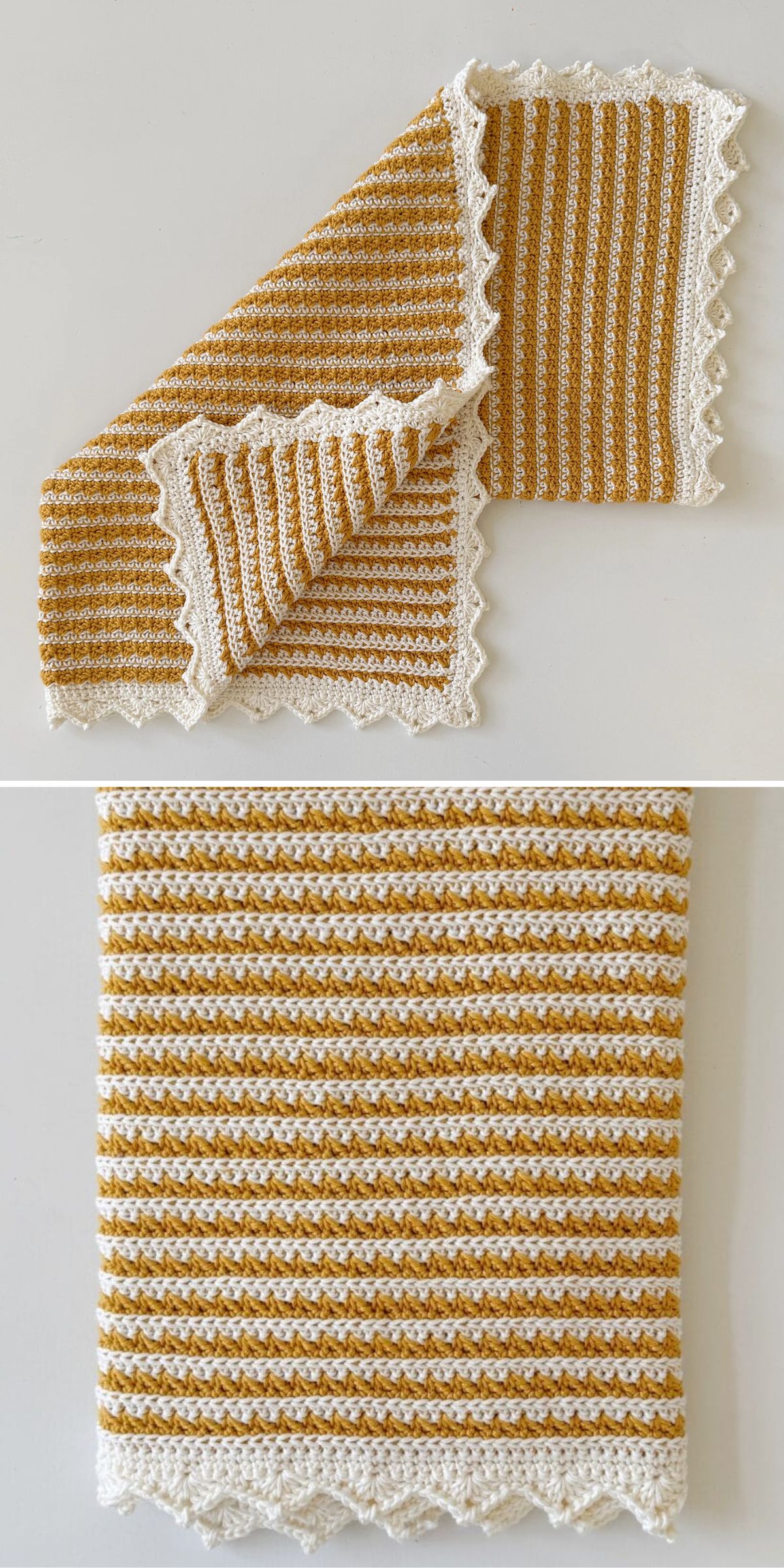 A knitted or crocheted piece with mustard yellow and white stripes, scalloped lace edges, and a textured pattern, shown folded and laid out flat.