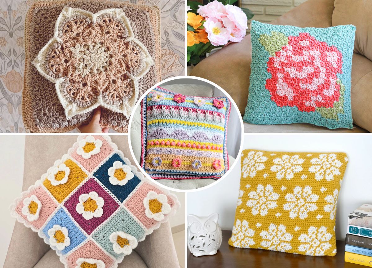 Five crochet pillow covers with various floral designs in pastel and bright colors are displayed on furniture and a flat surface, showcasing different crochet techniques and patterns.