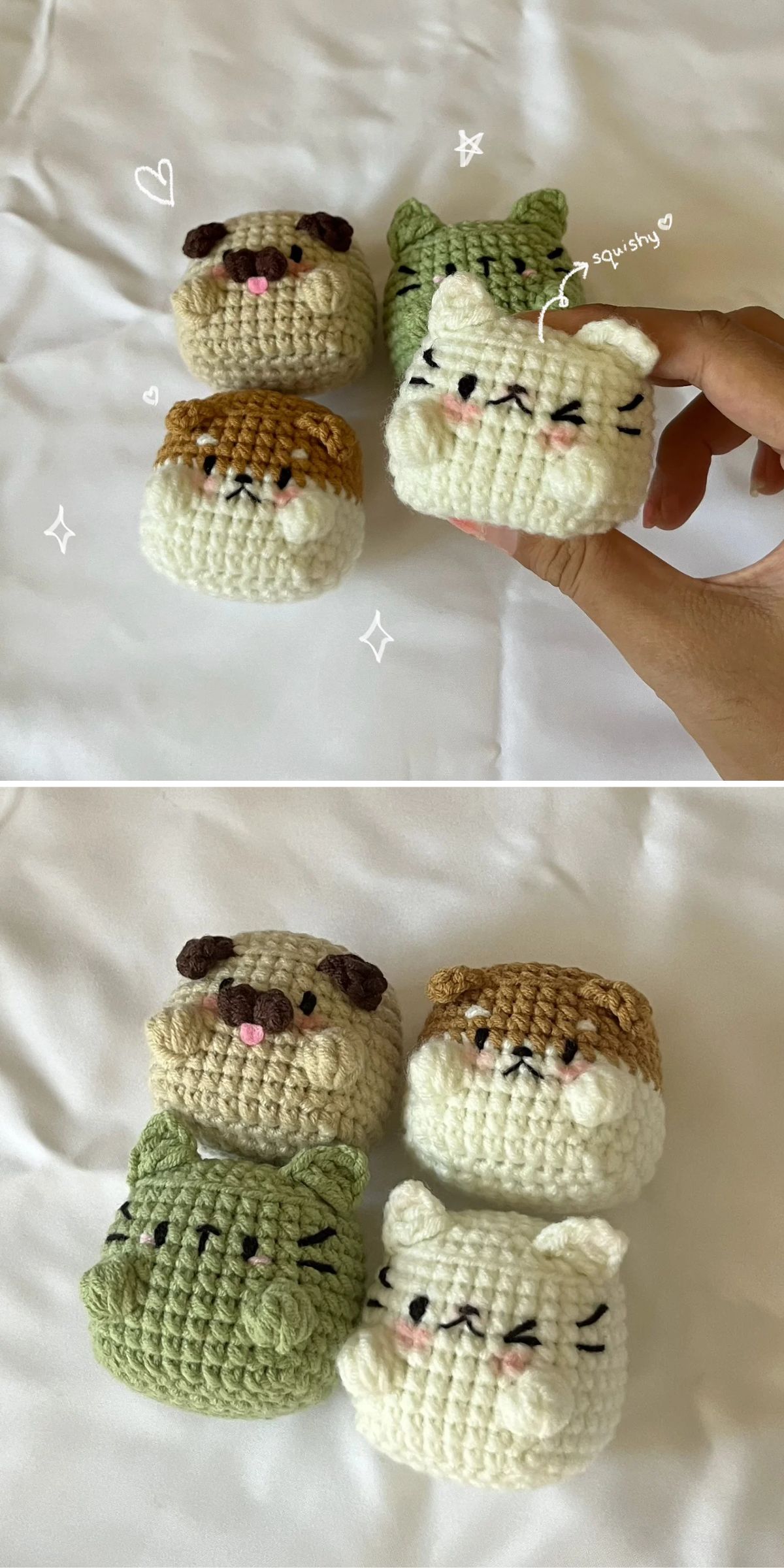 Four crocheted animal plushies, including a dog, two cats, and a bear, are shown on a white surface; one is being gently squeezed by a hand in the top image.