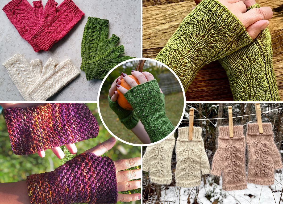 Collage of five pairs of knitted fingerless gloves in various colors and textures, displayed on hands and a clothesline, including close-up shots and outdoor backgrounds.