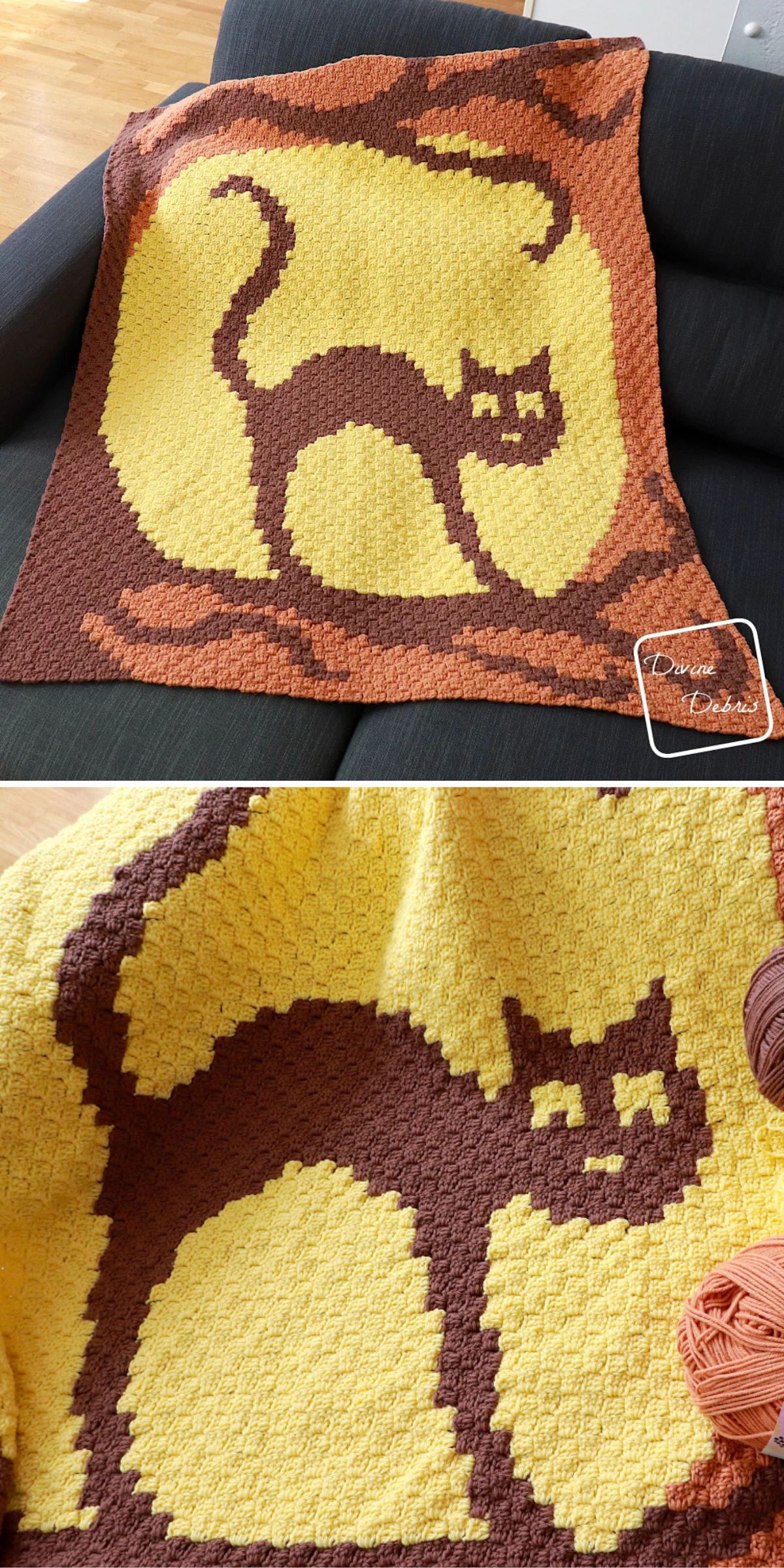 A crocheted blanket with a pixelated black cat design on a yellow background with an orange border, displayed on a black sofa.
