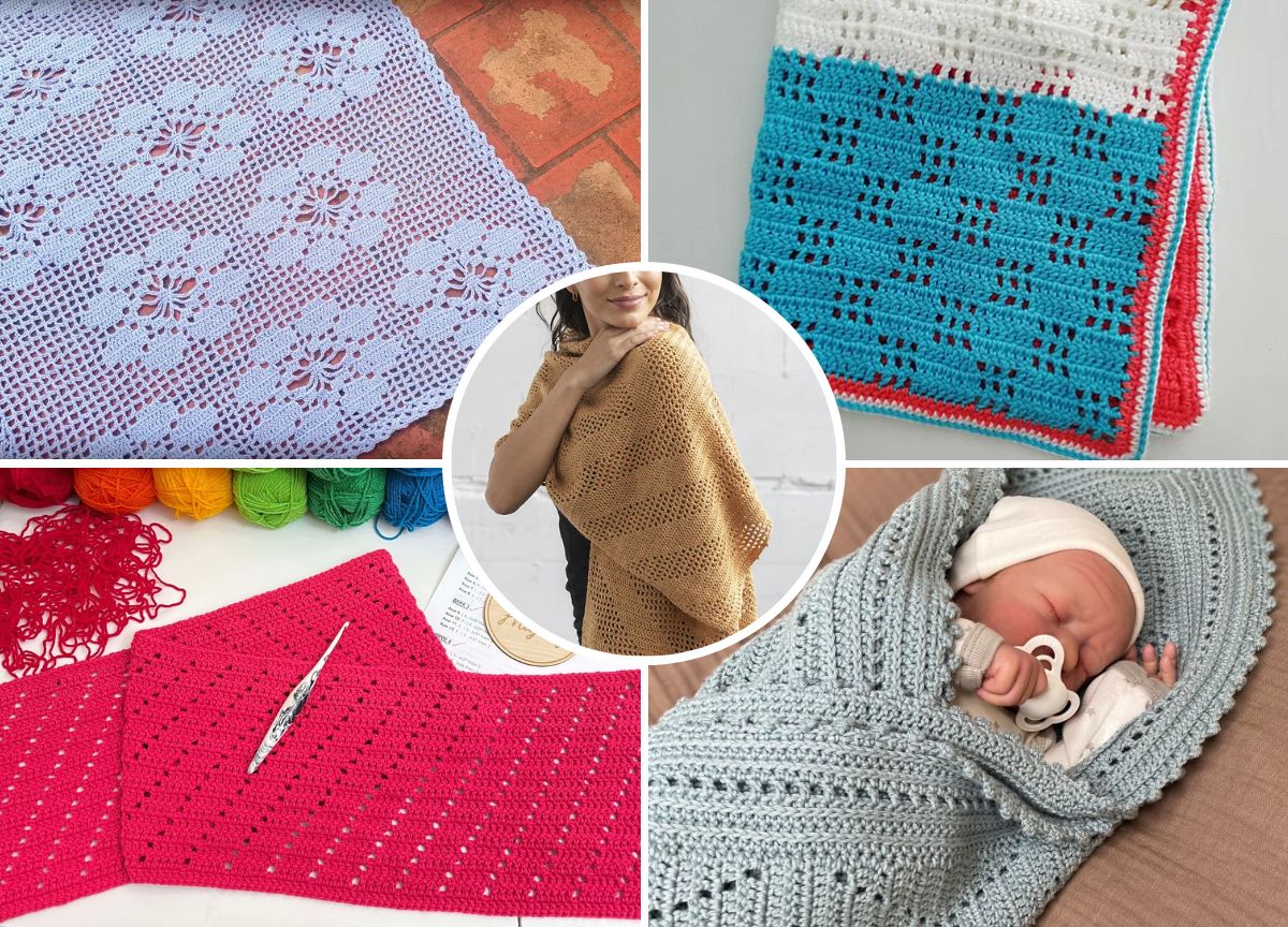 Five crochet projects are shown: a lavender blanket, blue and white blanket, red piece with yarn, tan shawl worn by a person, and a baby wrapped in a light gray crochet blanket.