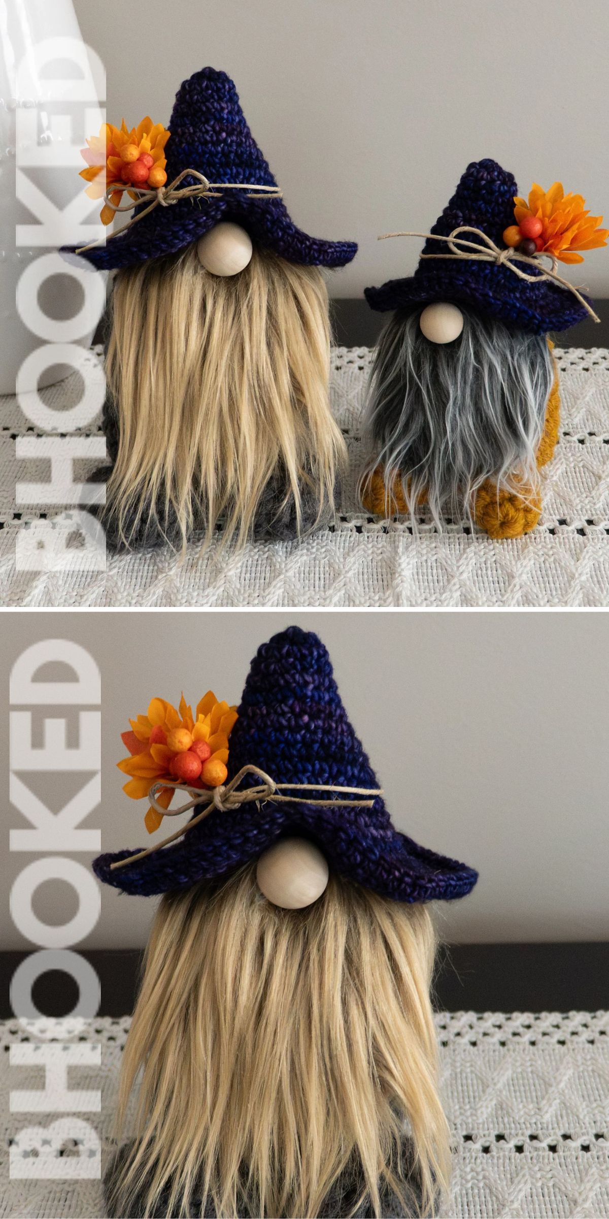 Two gnome figurines with long beards, blue witch hats, and orange flower decorations sit on a crochet-covered table.