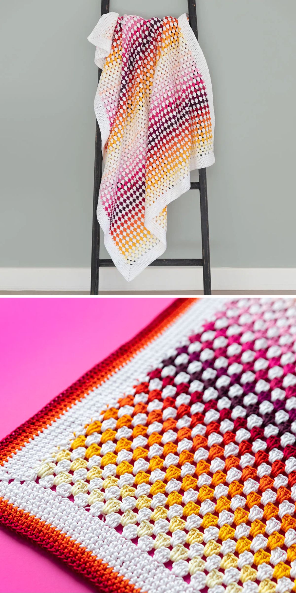 A multicolored crocheted blanket with a white border is draped over a ladder in the first image and shown close-up on a pink background in the second image.