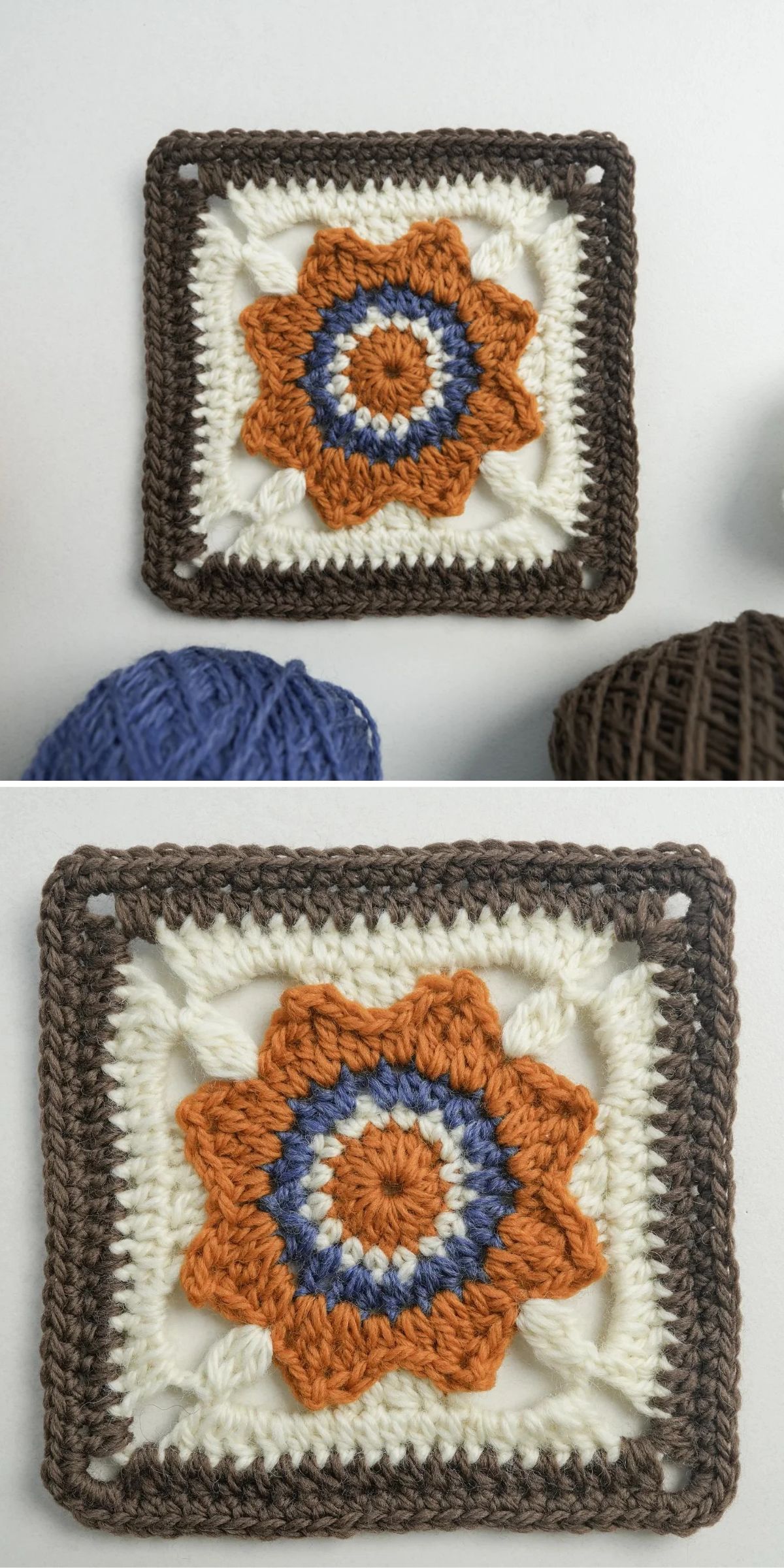 A crocheted square featuring a flower pattern in orange, blue, and white, framed by a dark brown border.