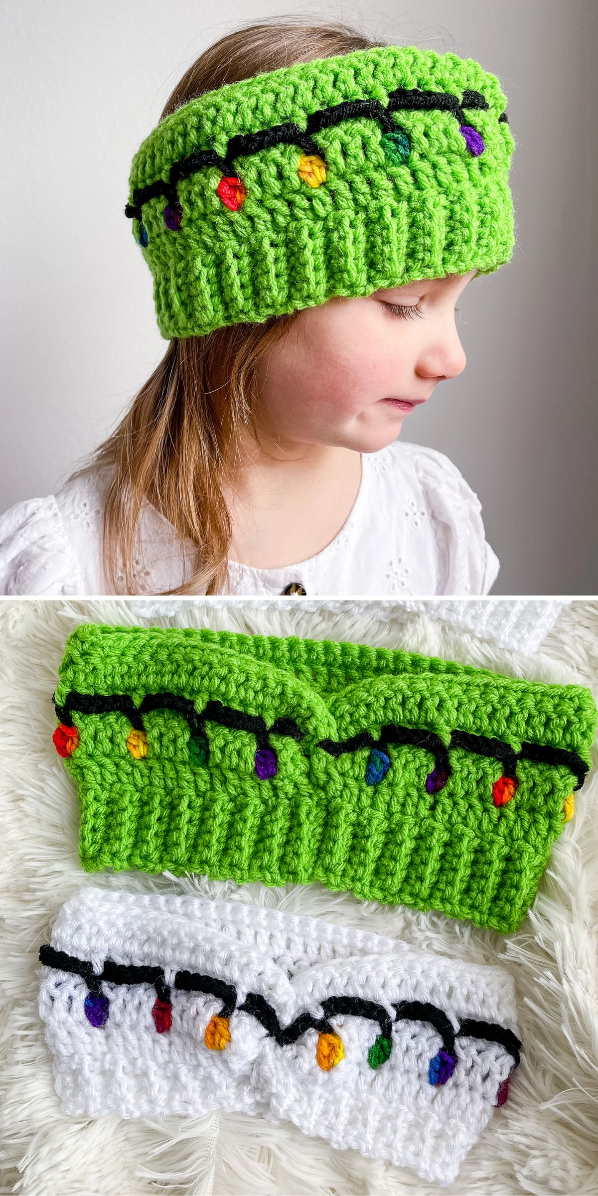 A child wears a green crocheted headband decorated with a string of colorful holiday lights. Below are green and white versions of the same headband placed on a white surface.