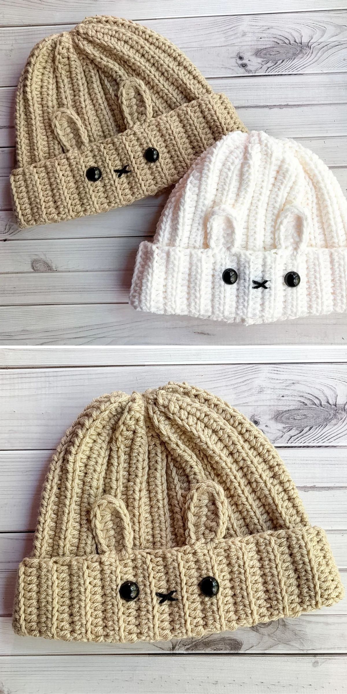 Two knitted beanies with bunny ear designs, one beige and one white, are displayed on a light wooden surface. Each hat features black button eyes and simple stitched noses.