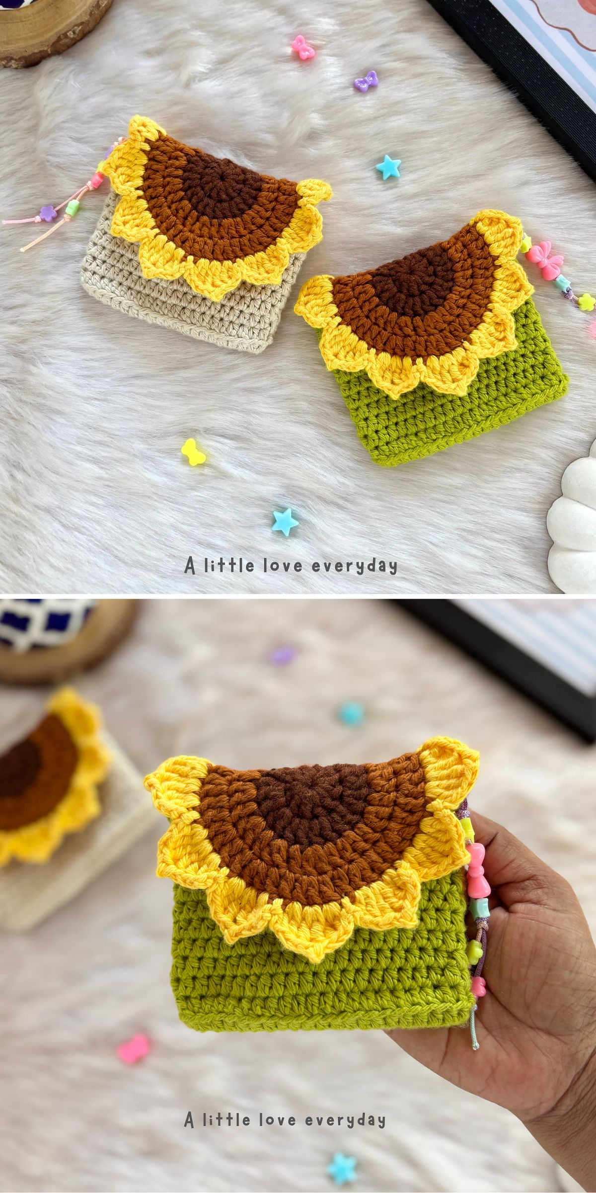 Two crochet sunflower-shaped pouches, one beige and one green, with beaded wrist straps and the text “A little love everyday” at the bottom.