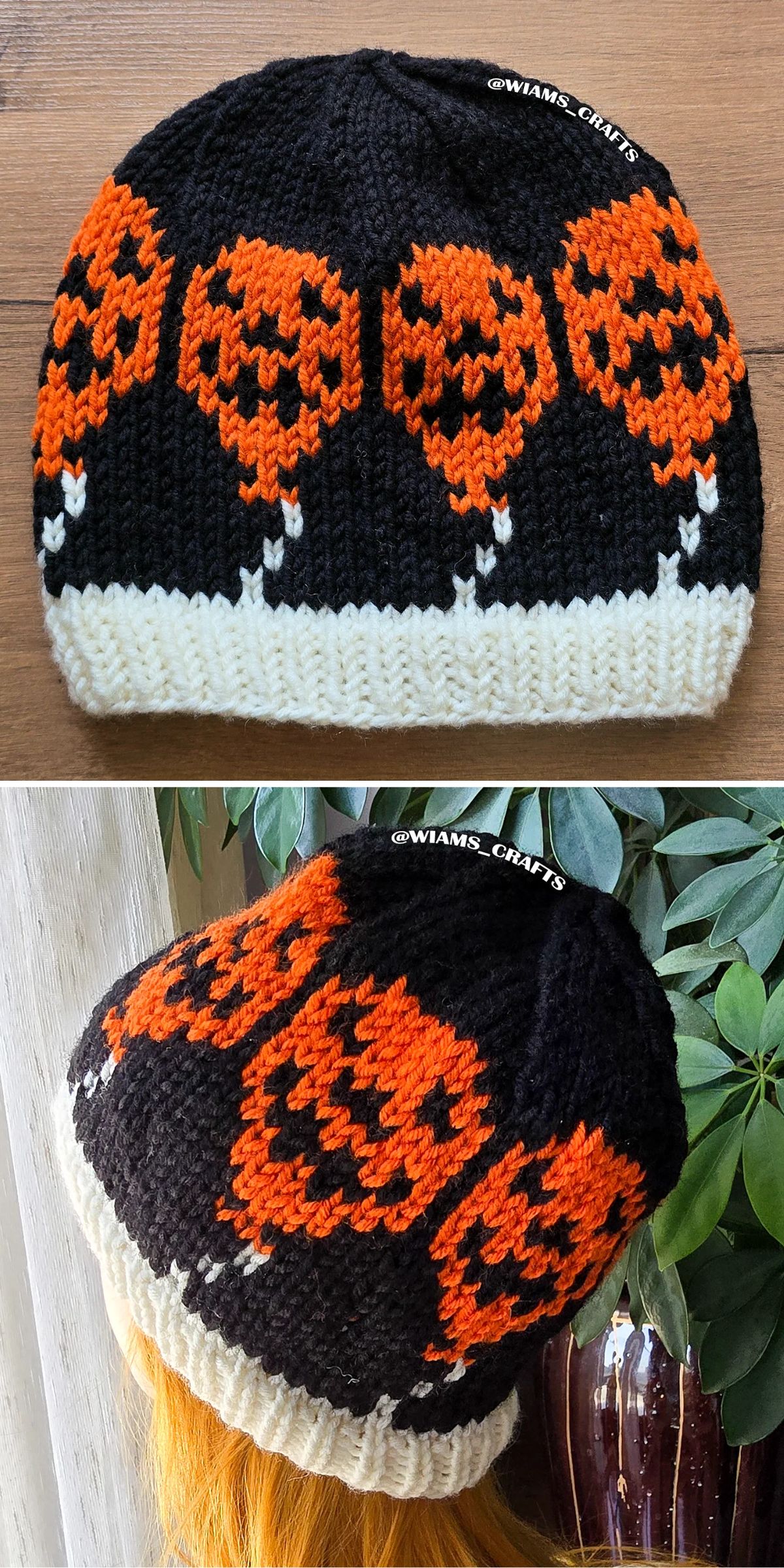Black and white knitted hat with four orange jack-o’-lantern faces in a row. Shown laid flat and worn on a mannequin head.