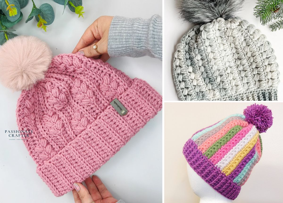 Three crocheted beanies with pom-poms: a textured pink beanie held by hands, a grey variegated beanie, and a striped multicolored beanie on a mannequin head.