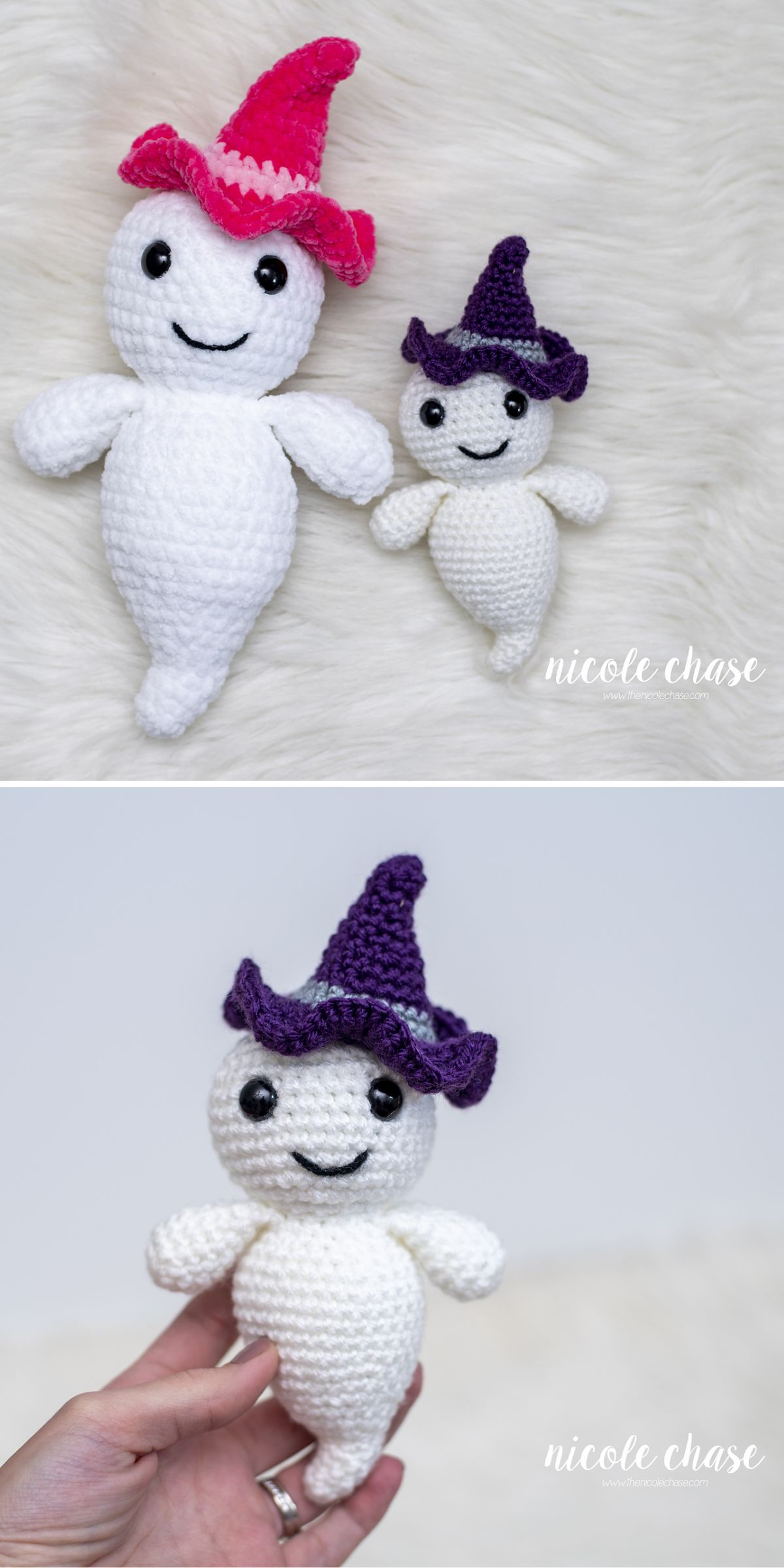 Two crocheted ghost figures wearing witch hats, one larger and one smaller, shown on a white textured surface.