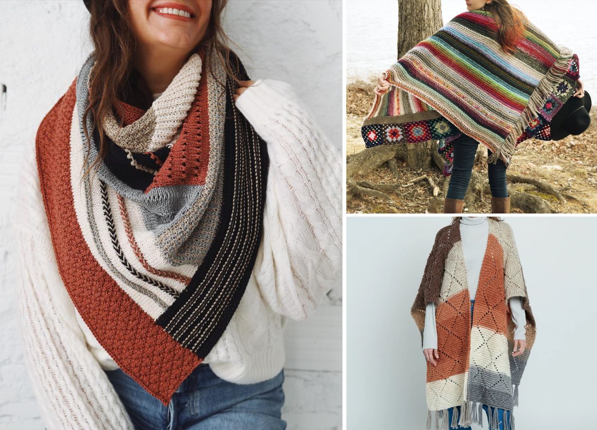 Three photos of people wearing various colorful, knit shawls and wraps.