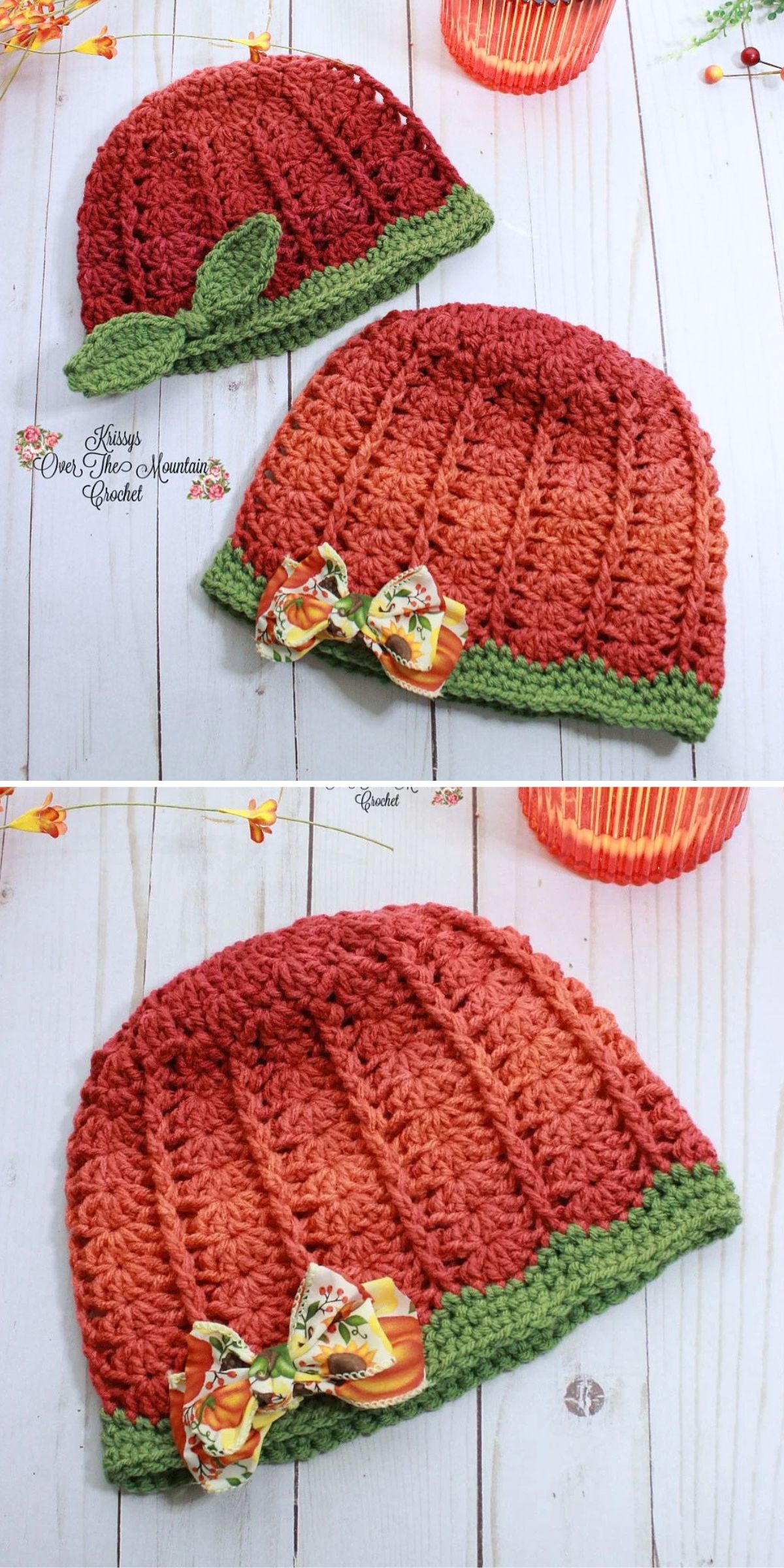 Two crocheted hats in red and green, one with a leaf, both with decorative bows, displayed on a white wooden surface.