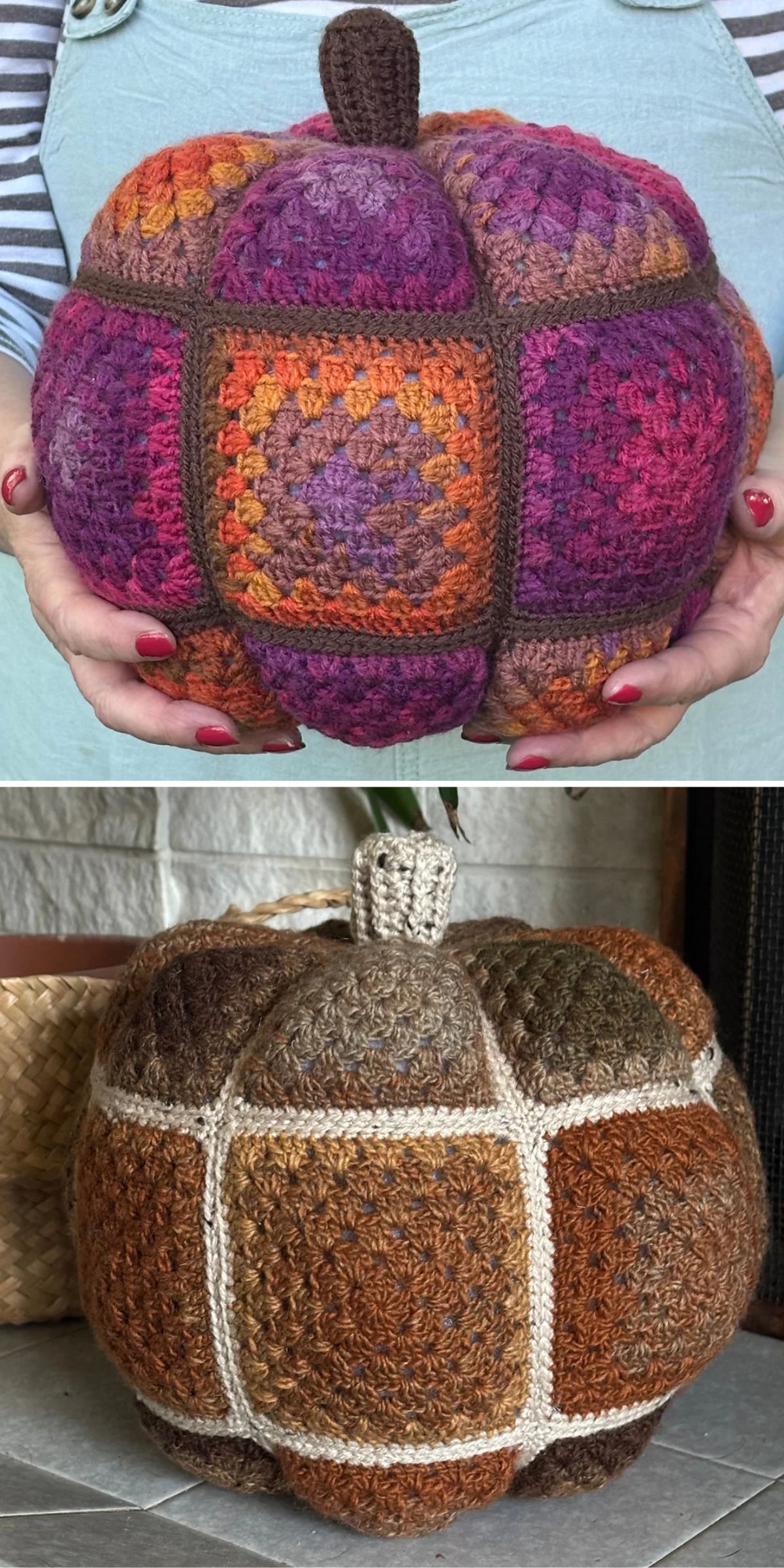 Two large, crocheted pumpkins made from colorful patchwork squares; one in shades of orange and purple, the other in brown tones. Each has a crocheted stem on top.
