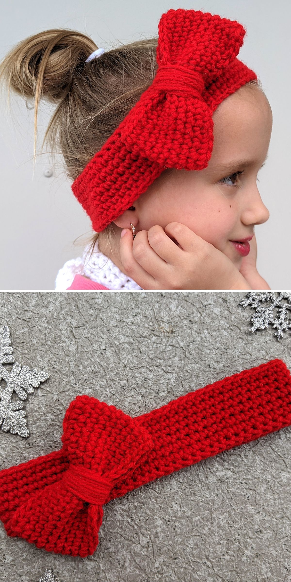 A child wears a red crocheted headband with a large bow. Below, the same headband is displayed flat on a textured surface with decorative silver snowflakes nearby.