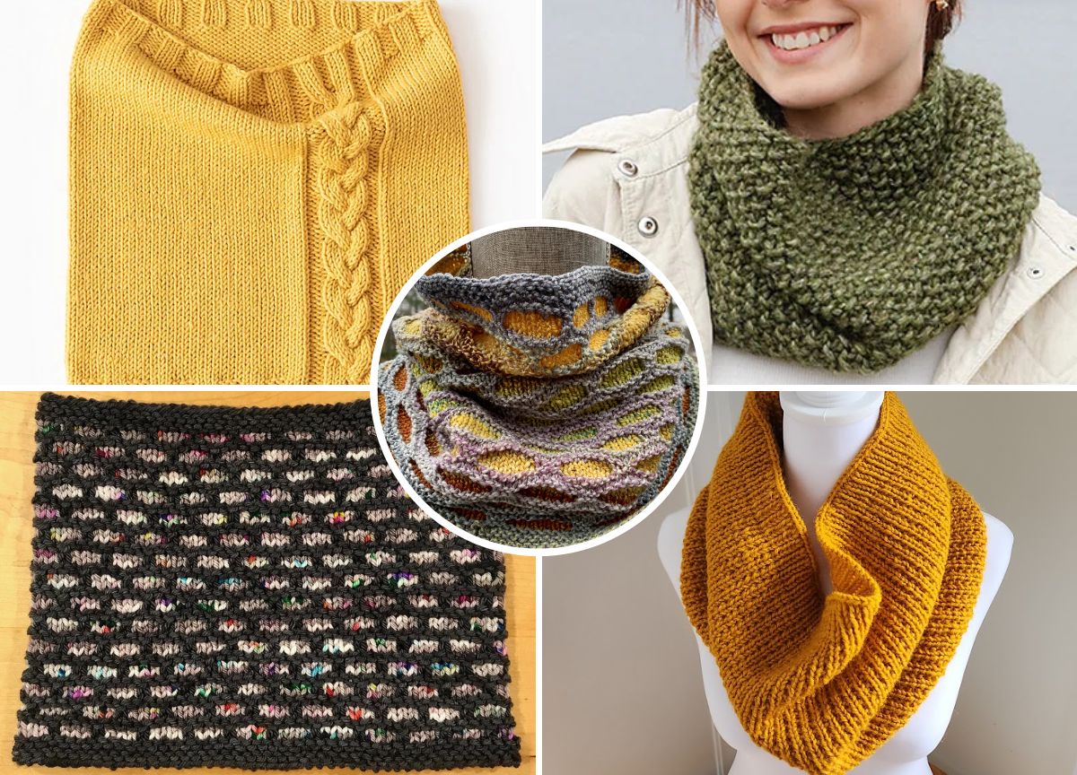 Collage of four different knitted cowls in various colors and textured stitch patterns.