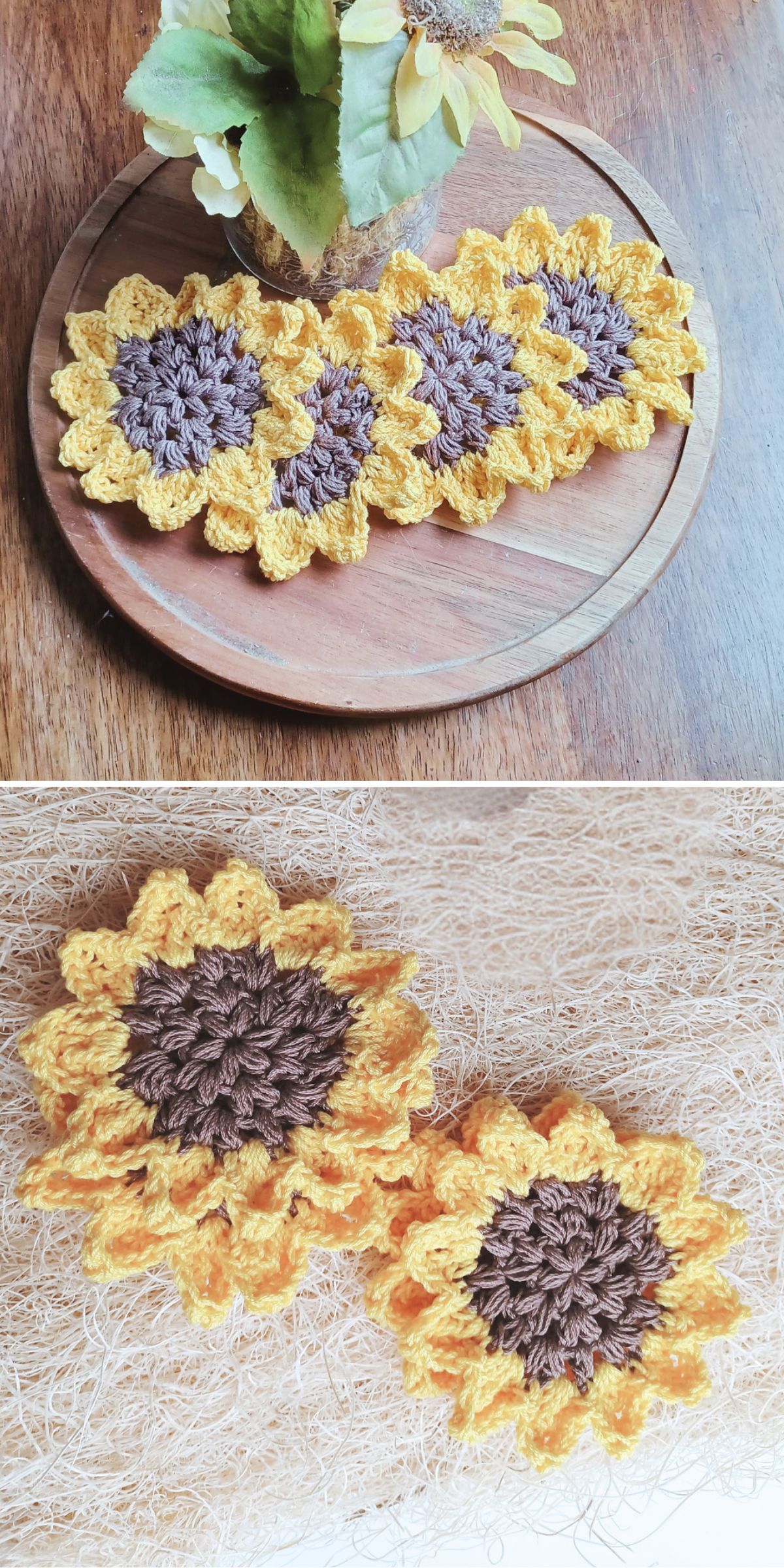 Two images showing crochet sunflower coasters with brown centers and yellow petals.