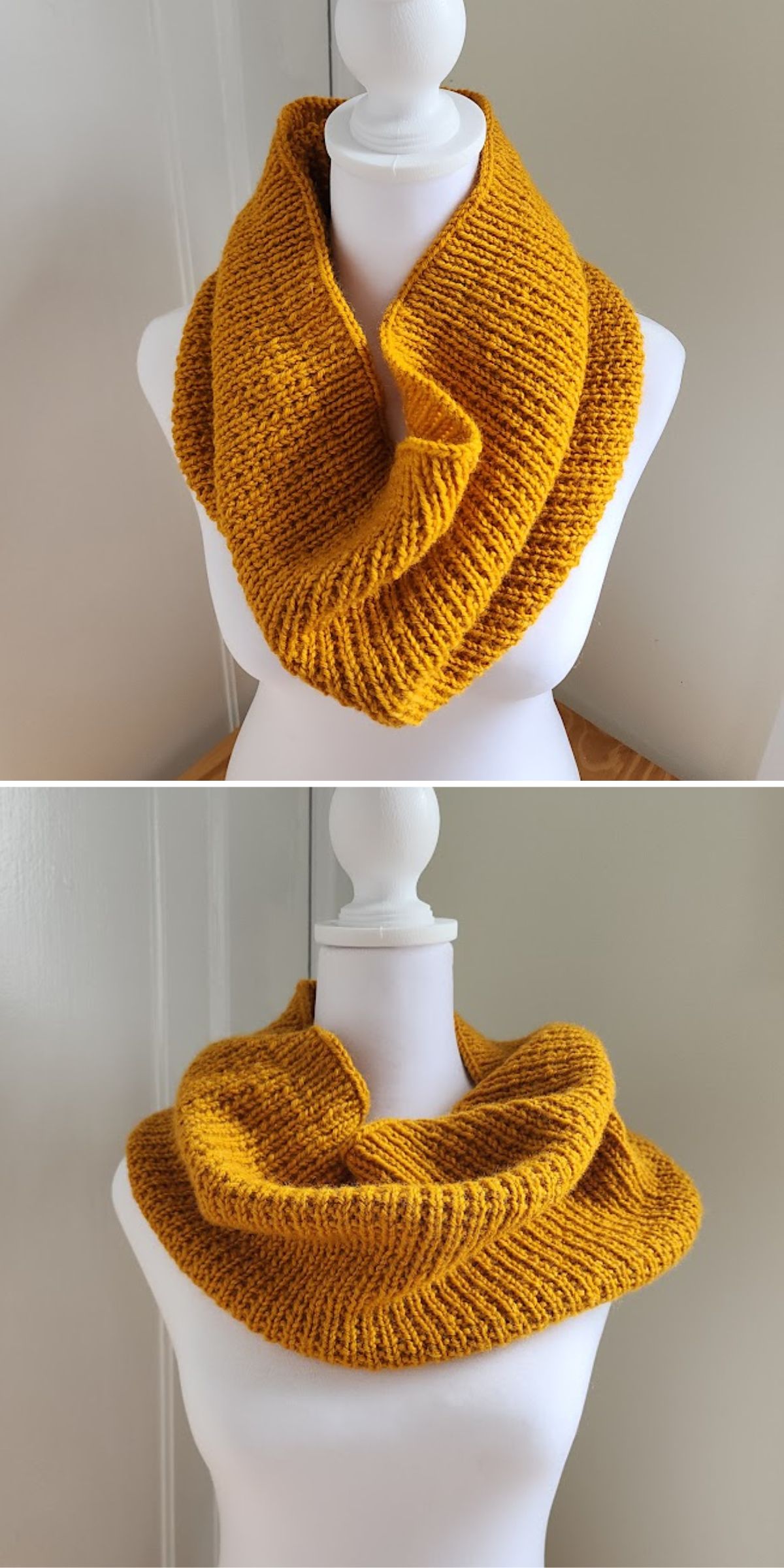 Mustard yellow chunky knit infinity scarf on a white mannequin.