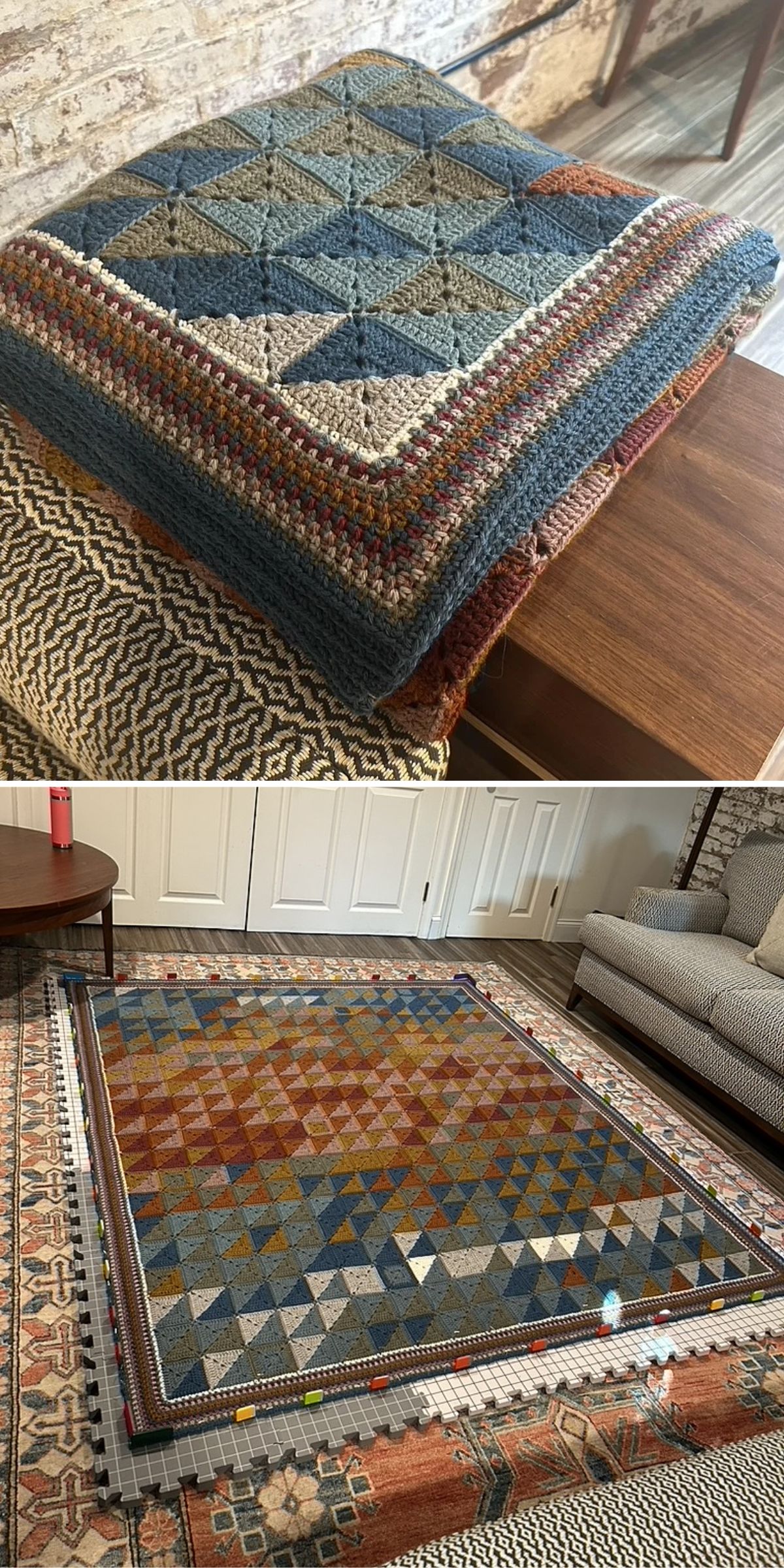 A folded crocheted blanket with blue, gray, and brown geometric patterns is shown on a table; below, the blanket is laid flat on the floor near furniture, displaying its full design.
