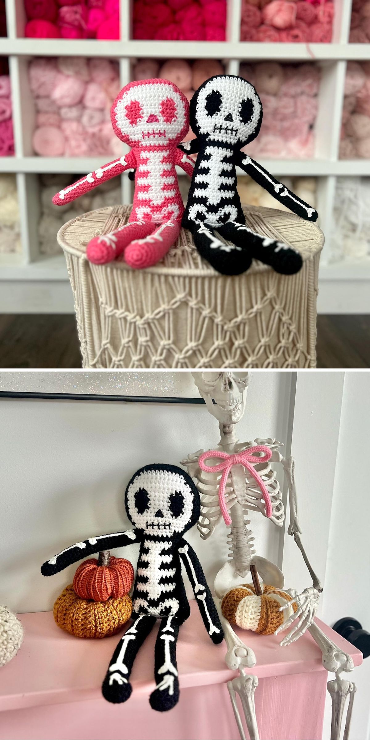 Two crochet skeleton dolls in pink and black sitting on a macrame stool, and a crochet black skeleton doll next to a full-sized plastic skeleton and small yarn pumpkins.