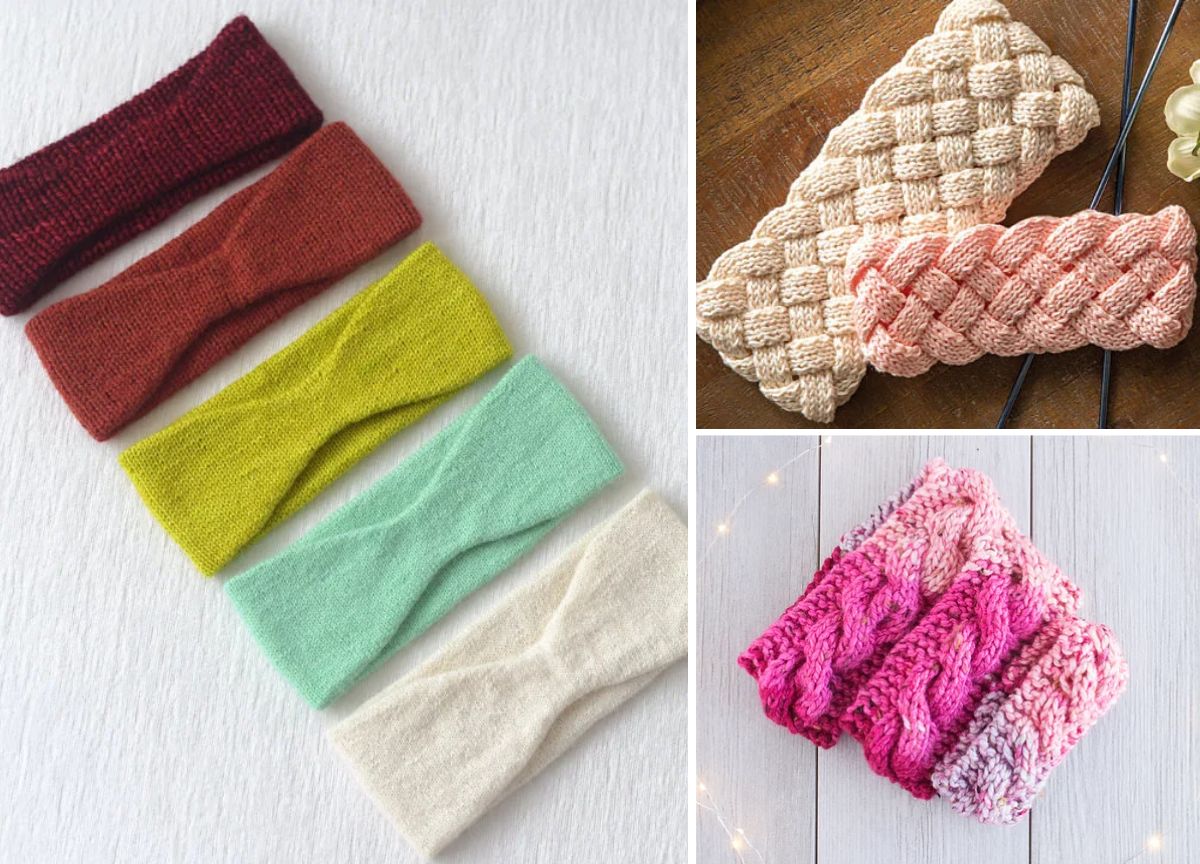 Five solid-colored knit headbands on the left; three textured knit headbands in beige, pink, and pink mix on the right, arranged on white and wooden surfaces.