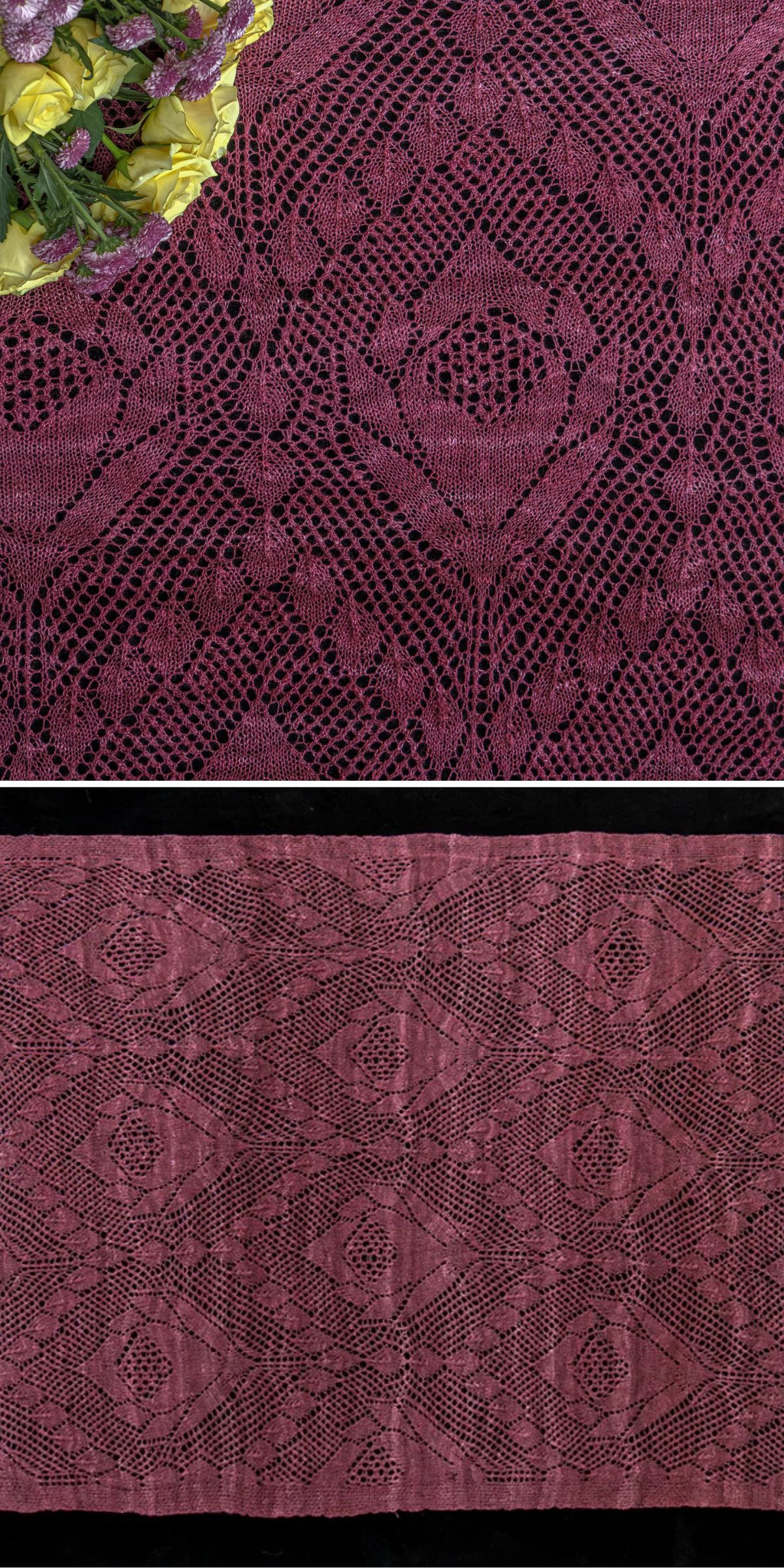 Two views of a deep pink knitted lace fabric featuring a repeating diamond and floral pattern.