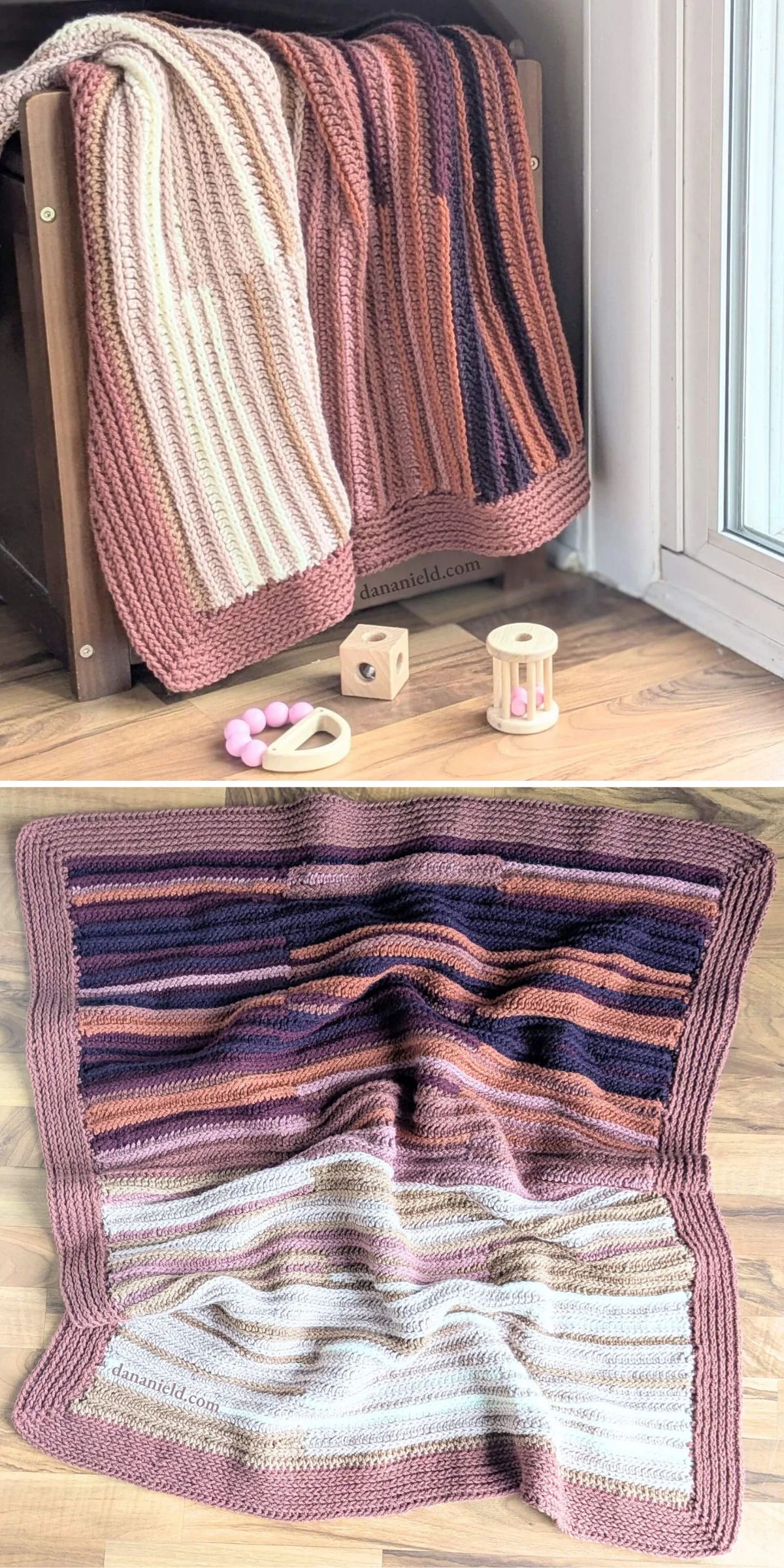 Two images of a knitted blanket with horizontal stripes in various shades of pink, purple, cream, and brown, displayed draped over a chair and laid flat on a wooden floor with toys nearby.