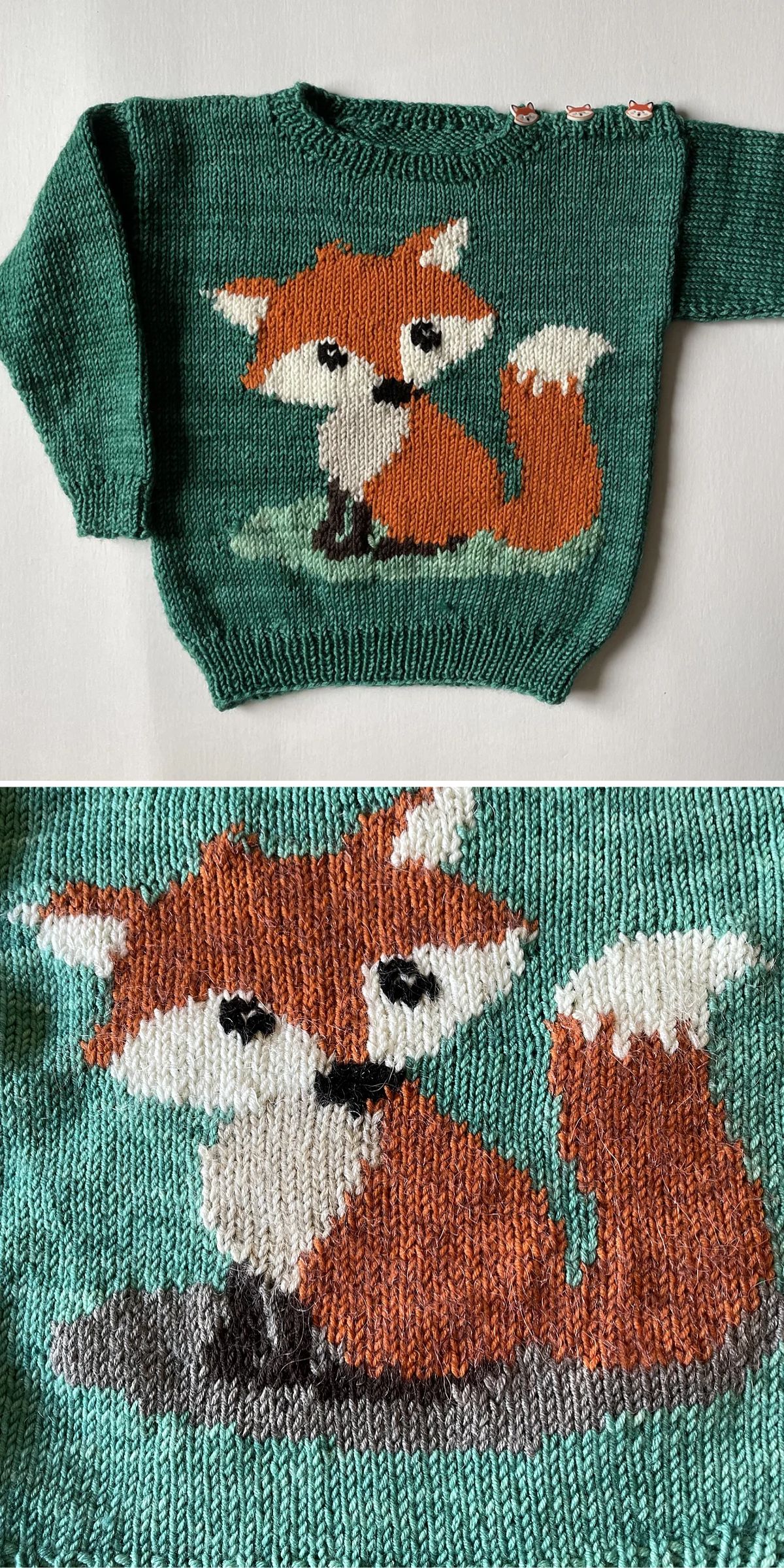 Green knit sweater with an orange fox design on the front, shown in full and close-up views. The sweater has buttons on one shoulder.