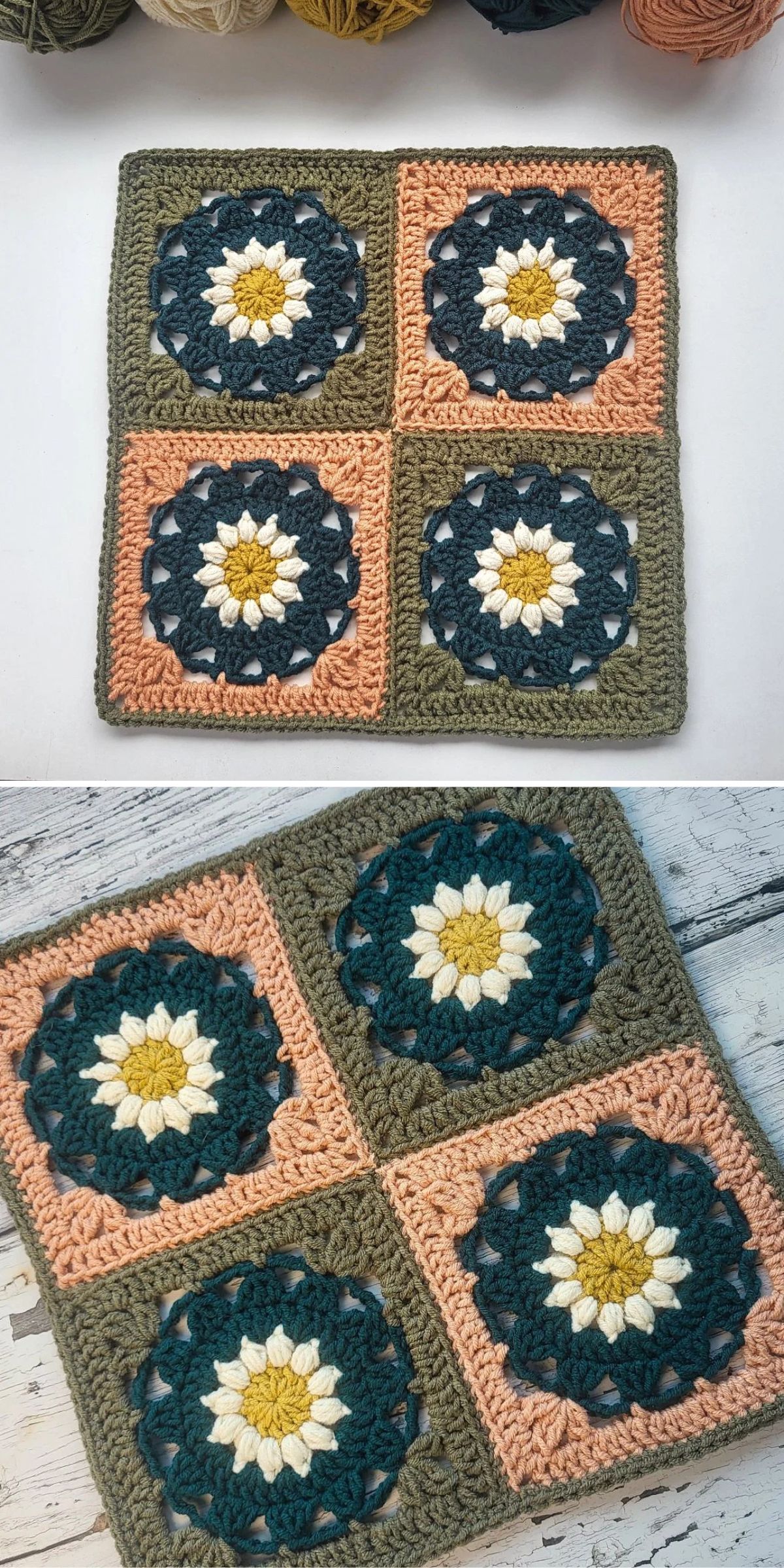 Four crochet granny squares featuring a flower motif in white, yellow, and dark teal, set against peach and olive green backgrounds.