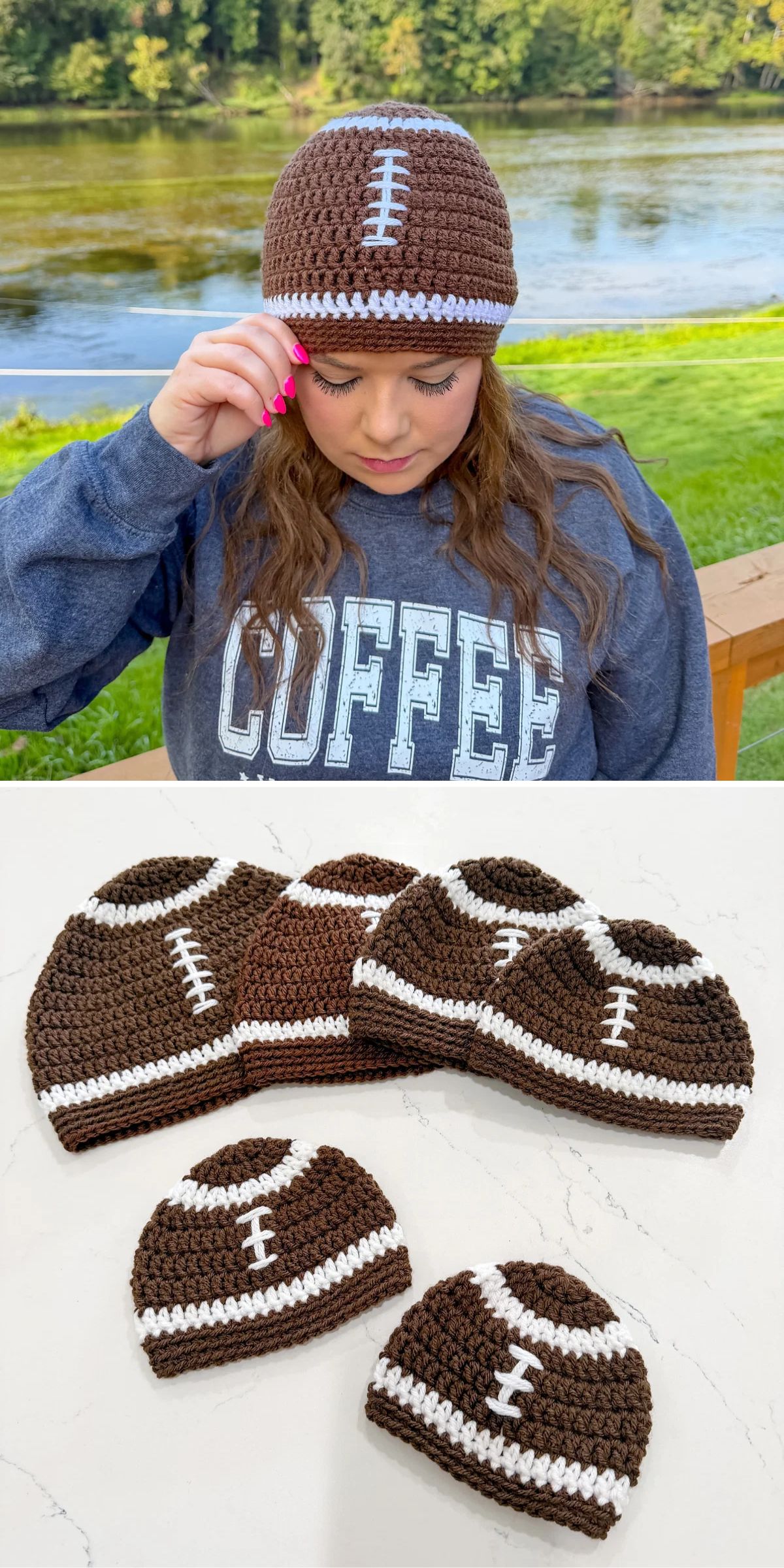 A person wearing a brown crocheted hat with white football stitching, with five similar hats displayed on a white surface below.
