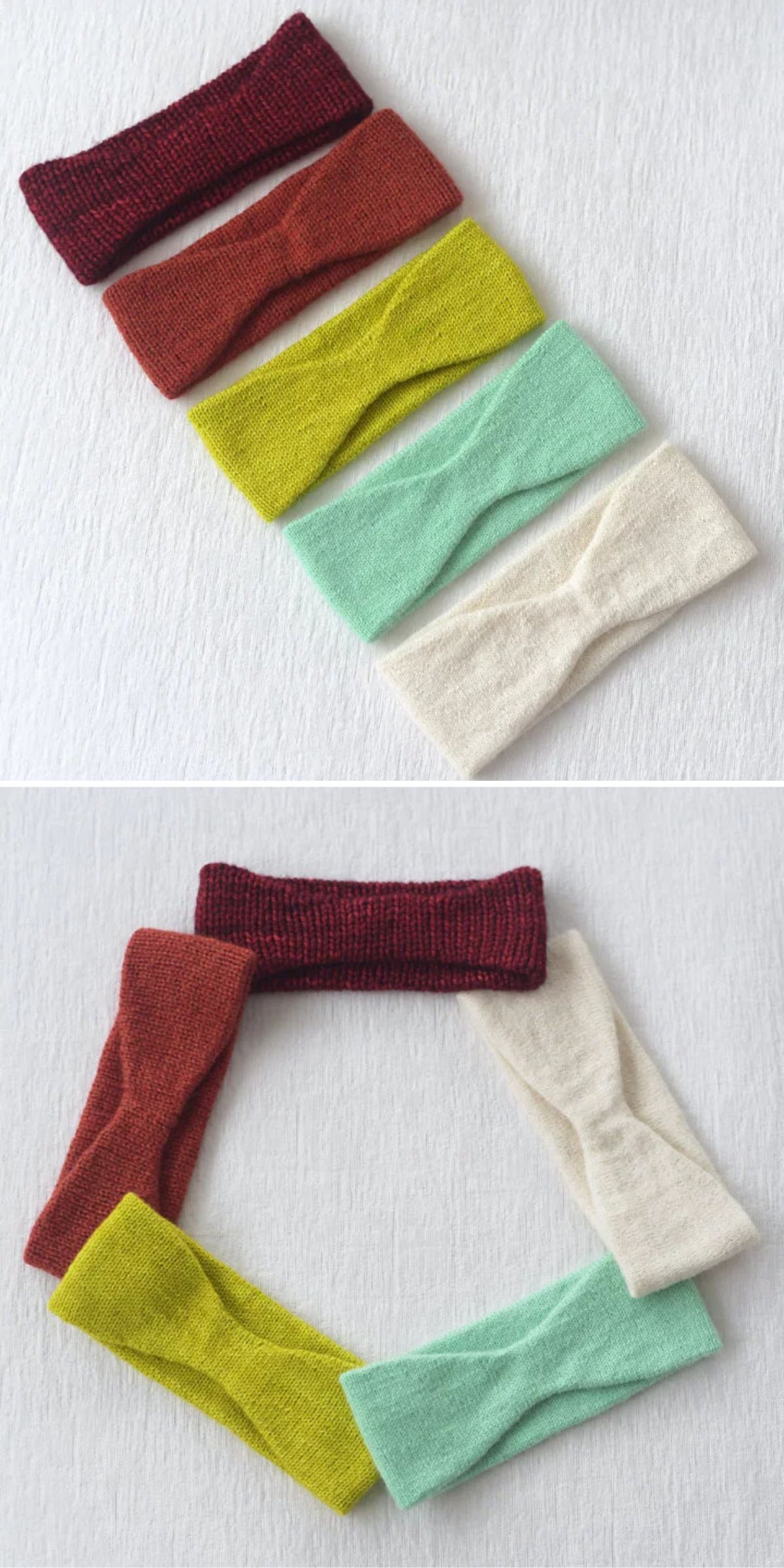 Five knit fabric headbands in red, orange, yellow, mint green, and cream are shown aligned in a row and arranged in a ring shape on a white background.