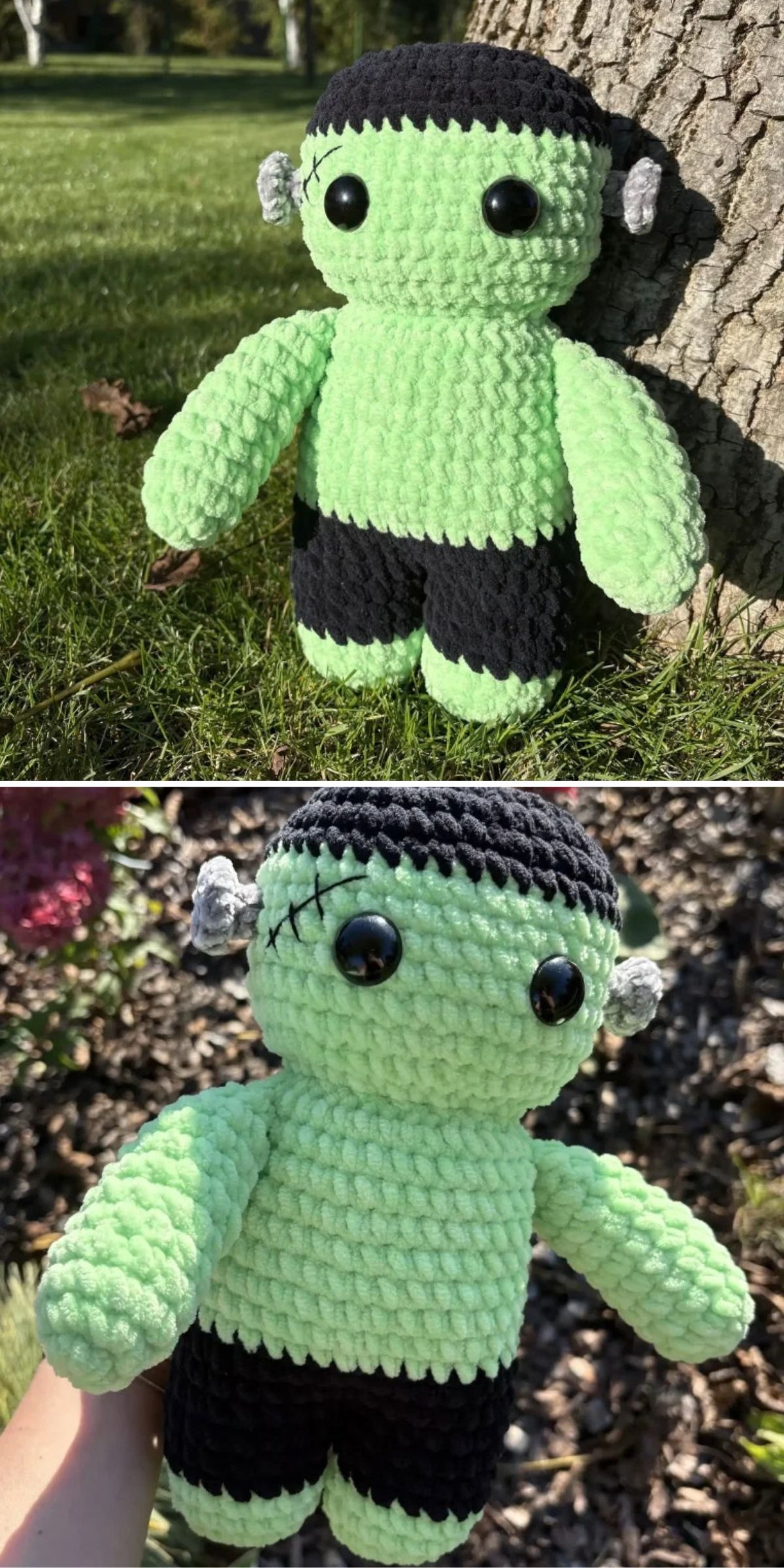 Crocheted Frankenstein’s monster doll with green skin, black hair and pants, and small grey bolts on the sides of its head.
