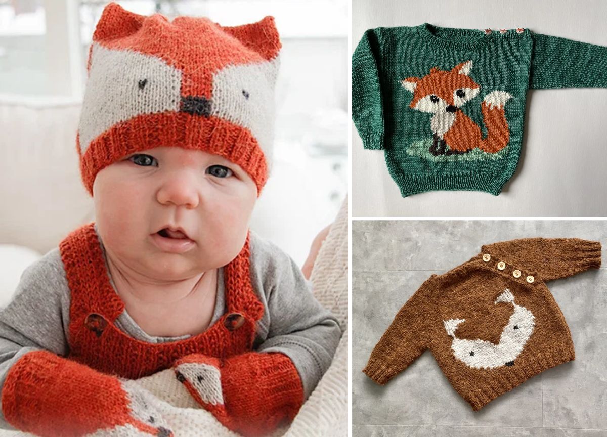 A baby wears a knitted fox hat, mittens, and overalls. Next to the baby are two knitted fox sweaters, one green and one brown, displayed on a flat surface.
