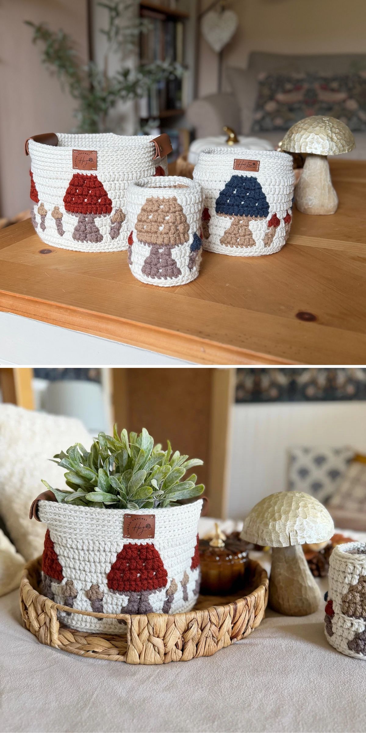 Three white crocheted baskets featuring mushroom patterns in various colors, one containing a faux plant, arranged on a wooden surface with decorative mushroom figurines.