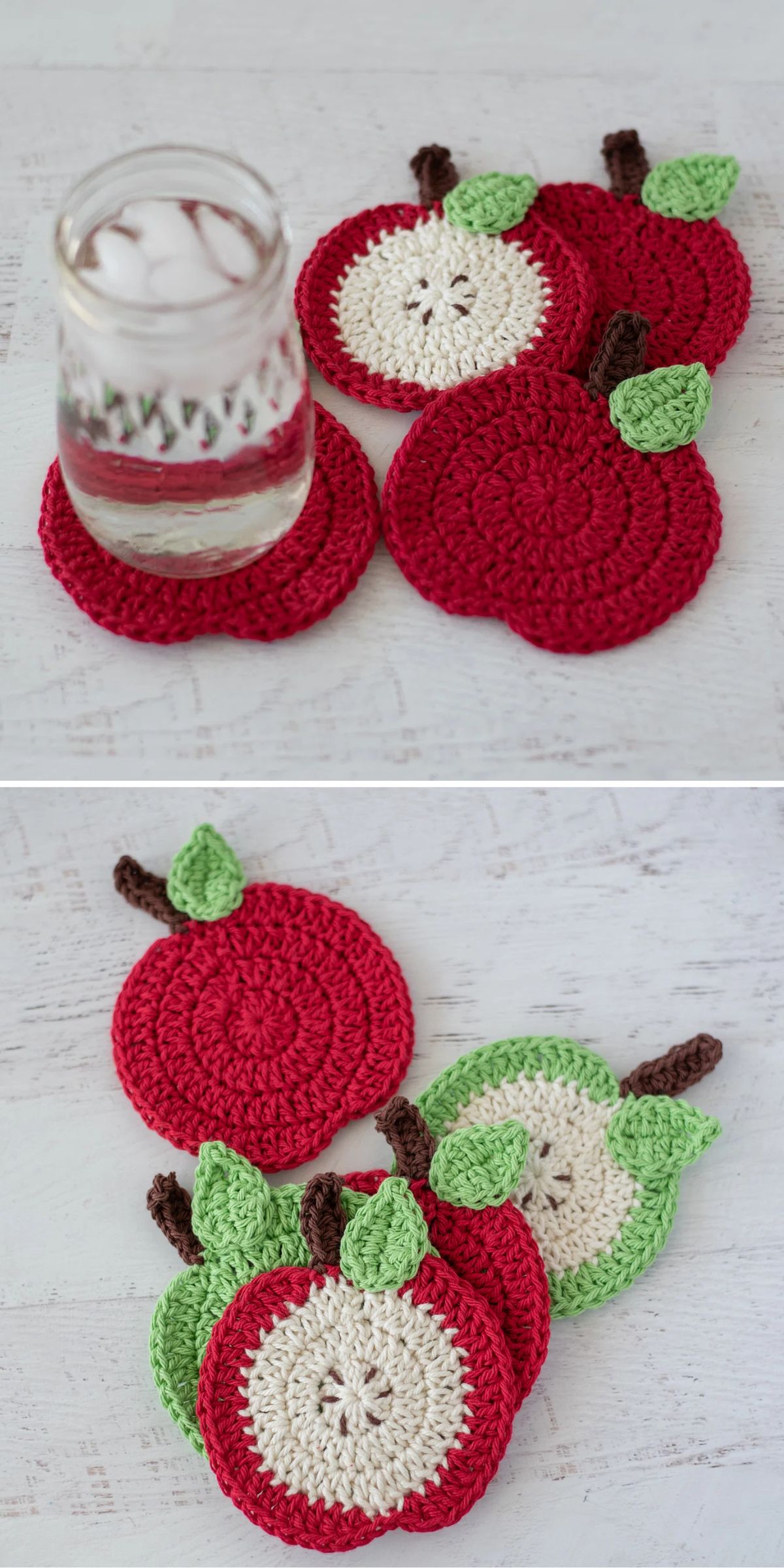 Crocheted apple-shaped coasters in red and green, shown as solid apples and apple slices.