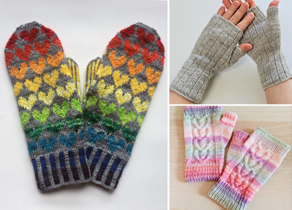 Three pairs of hand-knit gloves: rainbow heart-patterned mittens, grey fingerless gloves, and pastel cable-knit fingerless gloves.