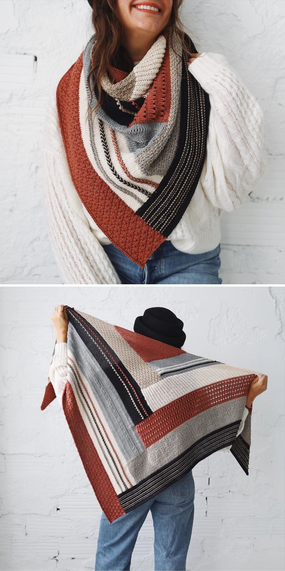 A person wearing a triangular shawl made of multicolored, textured knit panels in rust, grey, black, and beige.