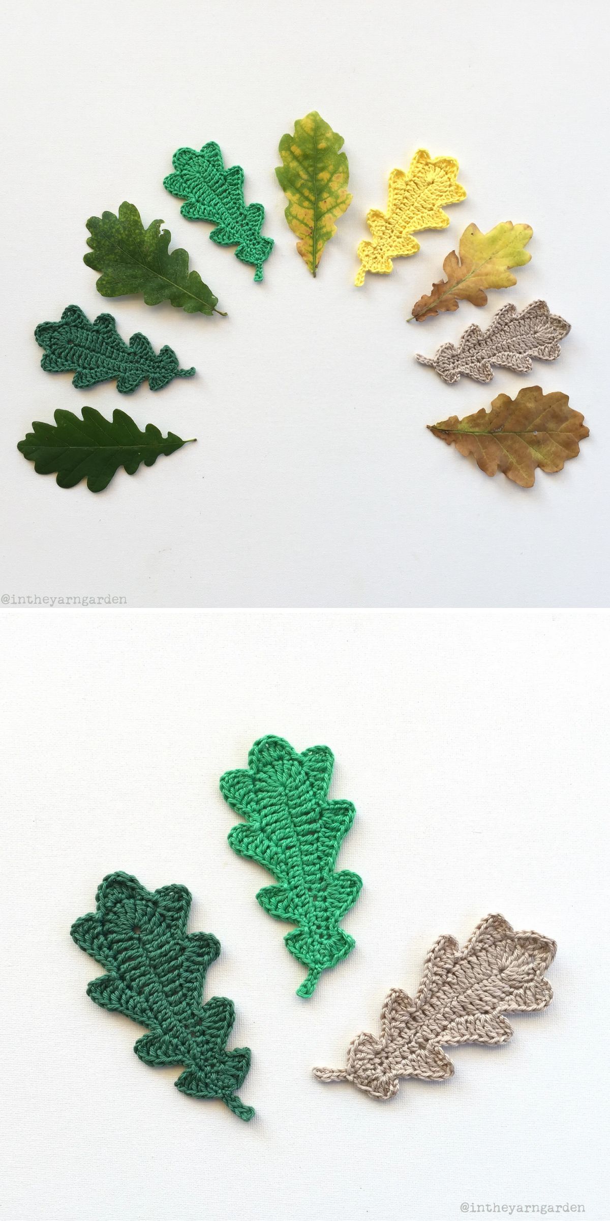 A semicircle of real and crocheted oak leaves in various colors on a white background, plus a close-up of three crocheted oak leaves in green and brown.