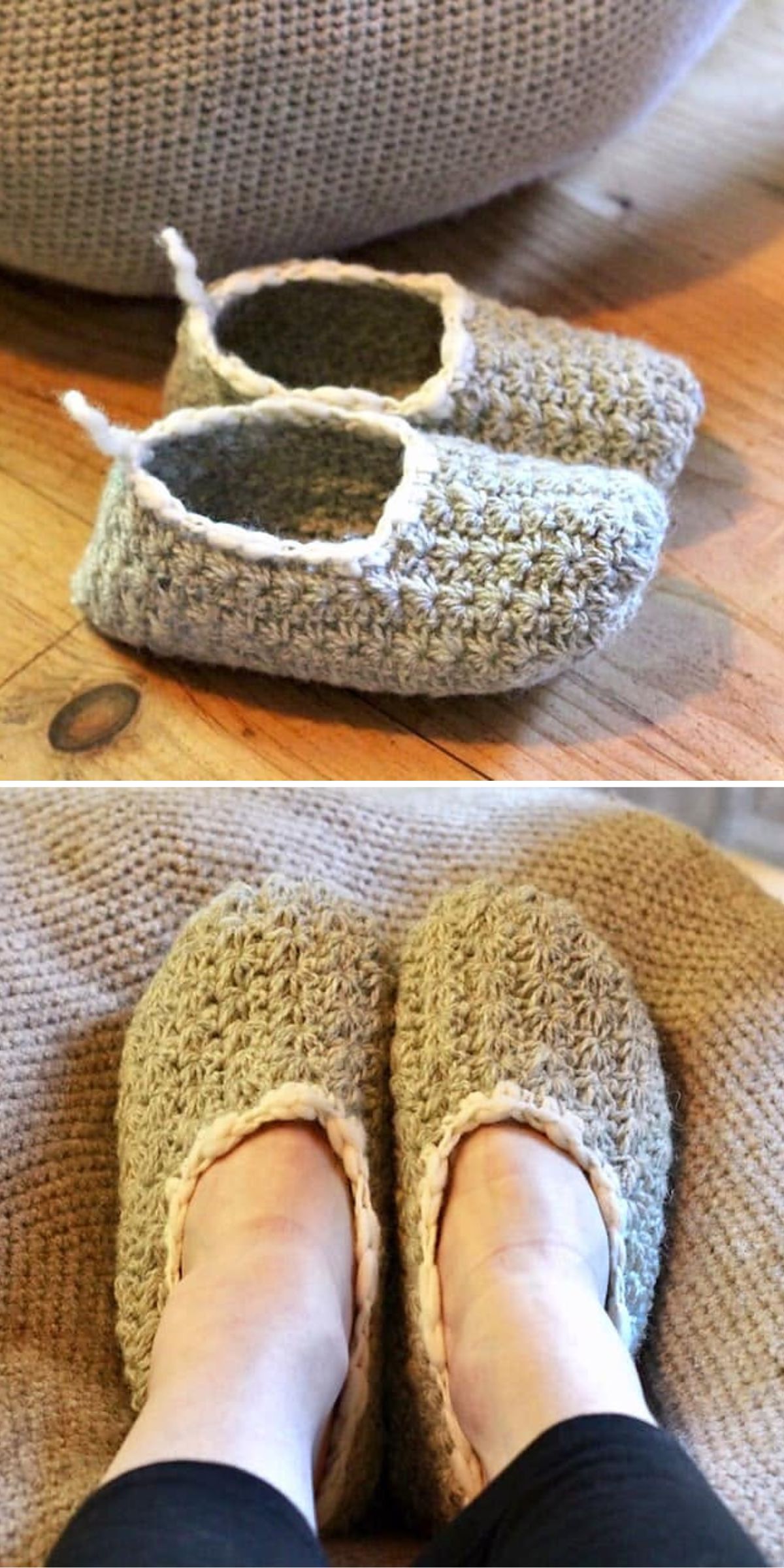 A pair of grey crocheted slippers with white trim, shown empty and worn on feet.