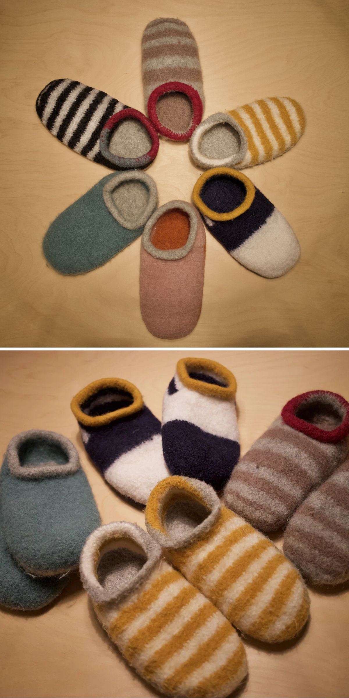 Six felted wool slippers in various patterns and colors arranged in a circle, and a group of the same slippers resting on a wooden surface.
